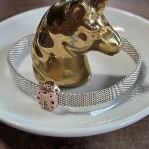 Pandora Reflexions Sterling Silver Mesh Bracelet with Pink Ladybug CharmSize 7.5